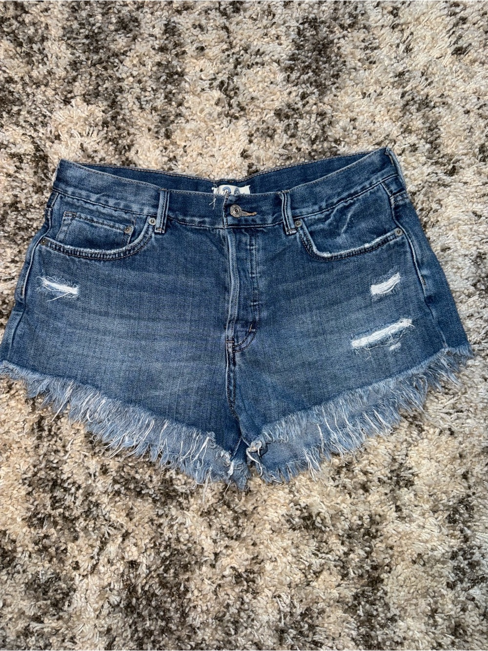 We The Free Distressed Frayed Hem Denim Shorts - Dark Blue